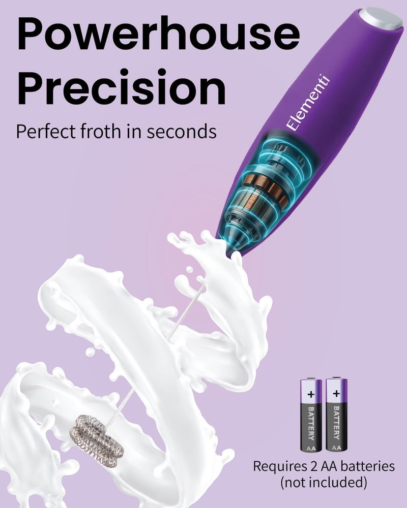 Elementi Milk Frother Wand with Double Whisk - Coffee Frother Electric Stirrer - Matcha Whisk & Drink Mixer Handheld - Hand Held Electric for Coffee (Purple) - Image 3